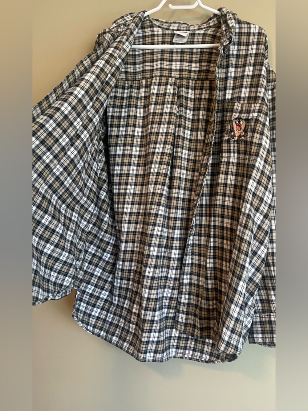 Vintage 99’ Warner Brothers Tasmanian Devil Embroidered Cotton Plaid Button Down - Picture 3 of 12